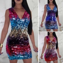 Sexy V-neck Sleeveless Color Gradient Sequin Dress