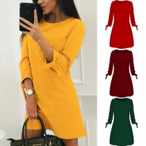 OL Style Long Sleeve Round Neck Solid Color Dress