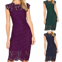 Elegant Solid Color Sleeveless Round Neck Lace Dress