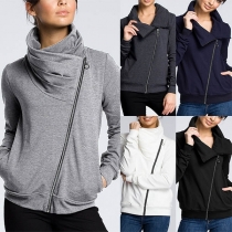 Fashion Solid Color Long Sleeve Oblique Zipper Sweatshirt Jacket