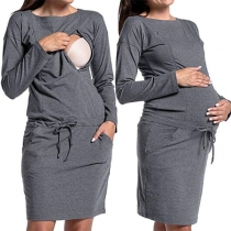 Fashion Solid Color Long Sleeve Round Neck Breastfeeding Dress