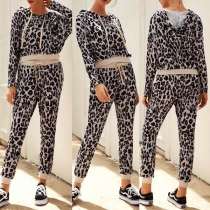Fashion Long Sleeve Leopard Printed Hoodie + Pants Two-piece Set 