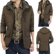 Fashion Solid Color Long Sleeve Hooded Men Warm Coat