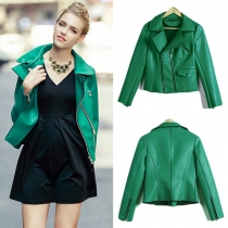 Fashion Solid Color Long Sleeve Lapel PU Leather Jacket