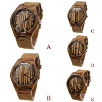 Retro Style PU Leather Watch Band Wooden Round Dial Quartz Watch