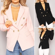 Elegant Solid Color Long Sleeve Double-breasted Slim Fit Blazer