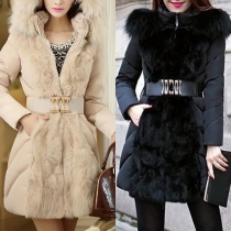 Fashion Solid Color Long Sleeve Faux Fur Spliced Hooded Overcoat