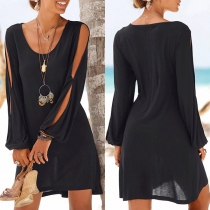 Sexy Slit Long Sleeve Round Neck Solid Color Loose Dress