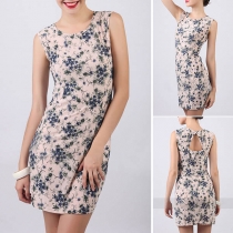 Sexy Backless Sleeveless Round Neck Slim Fit Printed Dress