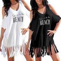 Sexy Off-shoulder Short Sleeve Letters Printed Tassel Hem Beach Dress