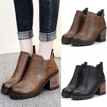 Retro Style Thick High-heeled Side-zipper Martin Boots Booties