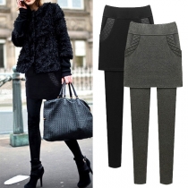 Fashion Solid Color High Waist Mock Two-piece Leggings(The size falls small)