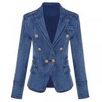 Fashion Long Sleeve Double-breasted Slim Fit Denim Coat