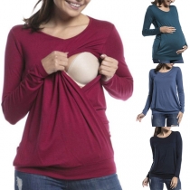 Fashion Solid Color Long Sleeve Round Neck Breastfeeding T-shirt