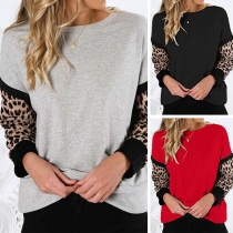 Fashion Leopard Spliced Long Sleeve Round Neck Top