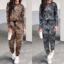 Fashion Leopard Printed Round Neck Sweatshirt + Pants Two-piece Set