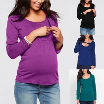 Fashion Solid Color Long Sleeve Round Neck Breastfeeding Maternity T-shirt