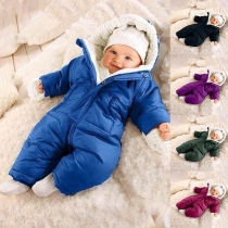 Fashion Solid Color Long Sleeve Plush Lining Hooded Jumpsuit for Babies