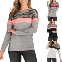 Fashion Contrast Color Long Sleeve Leopard Printed Spliced Sweatshirt