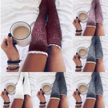Fashion Lace Spliced Solid Color Knit Over-the-knee Knit Socks