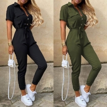 Fashion Solid Color Short Sleeve POLO Collar High Waist Jumpsuit(The size falls small)