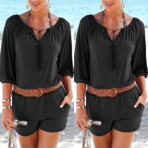 Fashion Solid Color Half Sleeve V-neck Romper