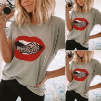 Fashion Leopard Spliced Lip Pattern Short Sleeve Round Neck T-shirt
