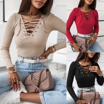 Sexy Lace-up V-neck Long Sleeve Solid Color T-shirt