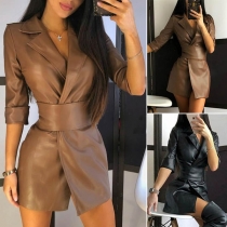 Fashion Solid Color Notched Lapel PU Leather Cardigan with Girdle