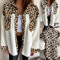 Fashion Leopard Spliced Long Sleeve POLO Collar Plush Cardigan