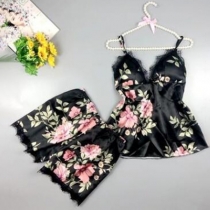 Sexy Backless V-neck Lace Spliced Sling Printed Top + Shorts Nightwear Set