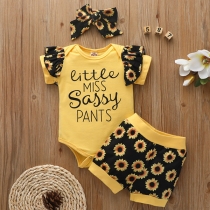 Cute Style Sunflower Printed Short Sleeve Bodysuit + Shorts + Headband Three-piece Set for Kids