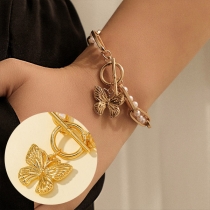 Fashion Pearl Inlaid Butterfly Pendant Gold-tone Alloy Bracelet
