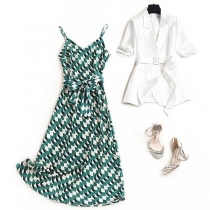 OL Style Half Sleeve Blazer + Sling Printed Dress Two-piece Set