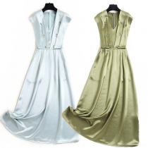 Elegant Solid Color Sleeveless V-neck High Waist Beaded Party Dress