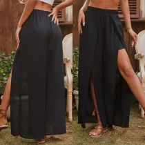 Fashion Solid Color Elastic Waist Slit Hem Skirt