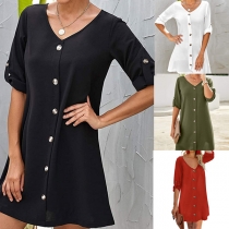 Simple Style Short Sleeve V-neck Front-button Solid Color Dress