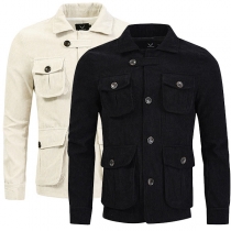 Fashion Solid Color Long Sleeve POLO Collar Multi-pocket Man's Jacket Coat