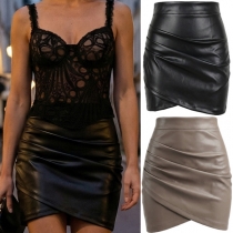 Fashion High Waist Irregular Hem Solid Color Slim Fit PU Leather Skirt