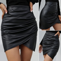 Fashion High Waist Irregular Hem Solid Color Slim Fit PU Leather Skirt