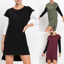 Fashion Contrast Color Long Sleeve Round Neck High-low Hem Mock two-piece Set T-shirt Dress