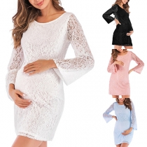 Sexy Backless Long Sleeve Round Neck Solid Color Lace Maternity Dress