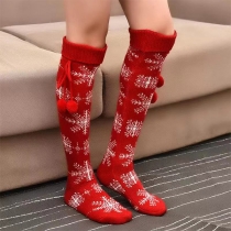 Cute Hairball Spliced Snowflake Pattern Knit Knee-length Christmas Stockings
