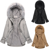 Fashion Solid Color Faux Fur Spliced Hooded Plush Lining Coat