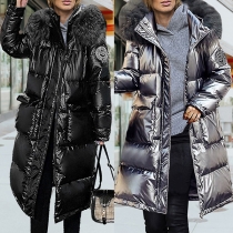 Fashion Faux Fur Spliced Hooded Long Sleeve Glossy Padded Coat