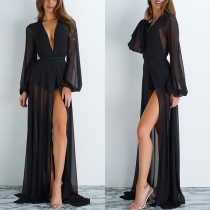 Sexy Deep V-neck See-through Chiffon Spliced Long Sleeve Slit Hem Beach Dress