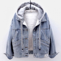 Fashion Detachable Hooded Back-button Plush Lining Denim Coat(Size Run Small)