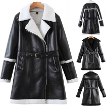 Fashion Long Sleeve Side-zipper Plush Lining PU Leather Coat