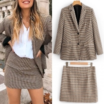 OL Style Long Sleeve Plaid Blazer Coat + High Waist Skirt Two-piece Set