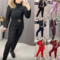 Fashion Solid Color Faux Fur Spliced Hooded High Waist Slim Fit Ski Overalls